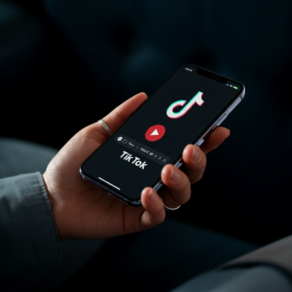 A close-up shot of a smartphone displaying a TikTok video. The phone is held in a hand with a simple silver ring. Soft, diffused lighting highlights the screen and the texture of the hand.
