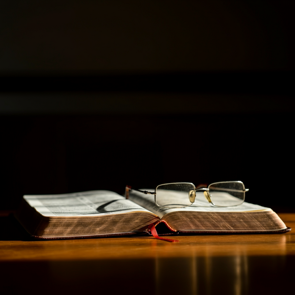 A side-lit Bible lying open on a wooden table. The lighting is warm and golden, accentuating the texture of the paper and the wood grain. A pair of reading glasses rests gently on the open pages.