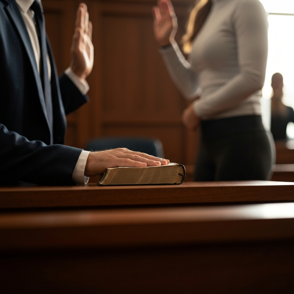 A courtroom scene, slightly out of focus. A person's hand is resting on a Bible as they take an oath. The lighting is professional and even, with a sense of solemnity.