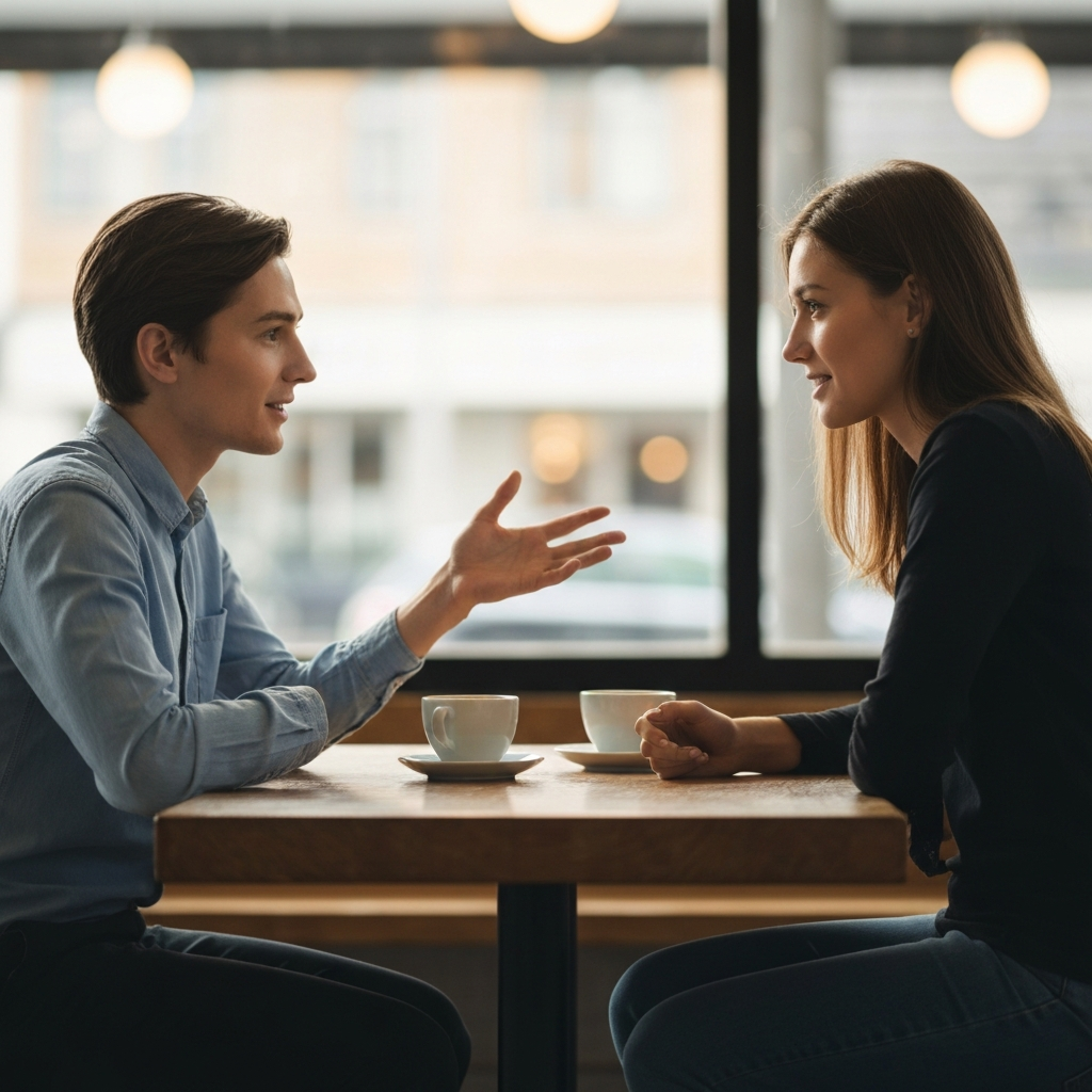 Two friends sitting across from each other at a coffee shop, engaged in a lighthearted conversation. One is gesturing with her hand while speaking, while the other is listening attentively. The lighting is warm and natural, with soft bokeh in the background.