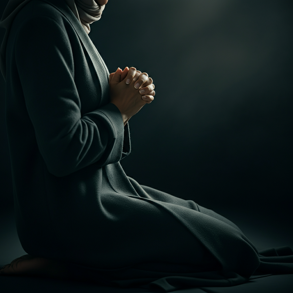 A person kneeling in prayer, hands clasped together. The lighting is soft and diffused, creating a peaceful and contemplative atmosphere. The background is blurred, focusing attention on the person in prayer.