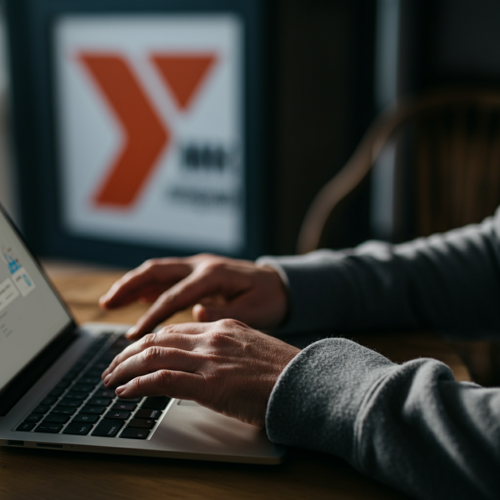 A close-up shot of a person's hands typing on a laptop keyboard. Soft bokeh in the background shows a blurred YMCA logo on a wall. Natural lighting from a nearby window.