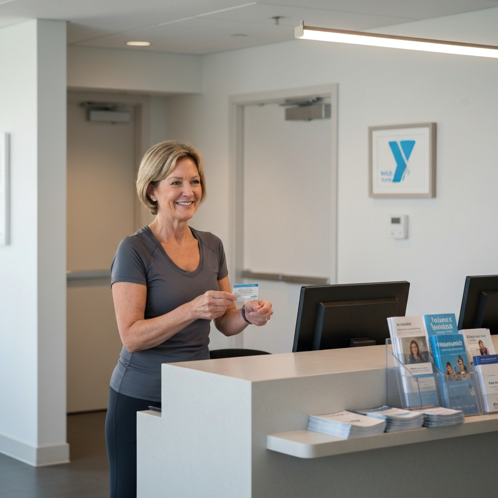 A middle-aged woman in workout attire smiling and showing her insurance card to a YMCA staff member behind a reception desk. The desk is clean and well-organized with brochures. Soft, diffused lighting.