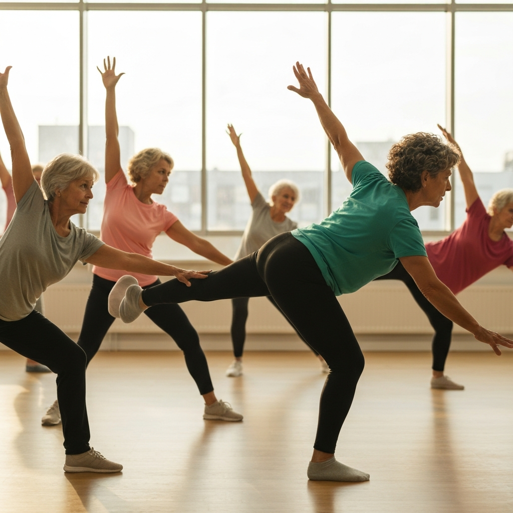 A group of senior citizens participating in a gentle exercise class at the YMCA. Soft lighting coming from large windows creates a sense of peaceful activity. The instructor is demonstrating a simple stretching exercise.
