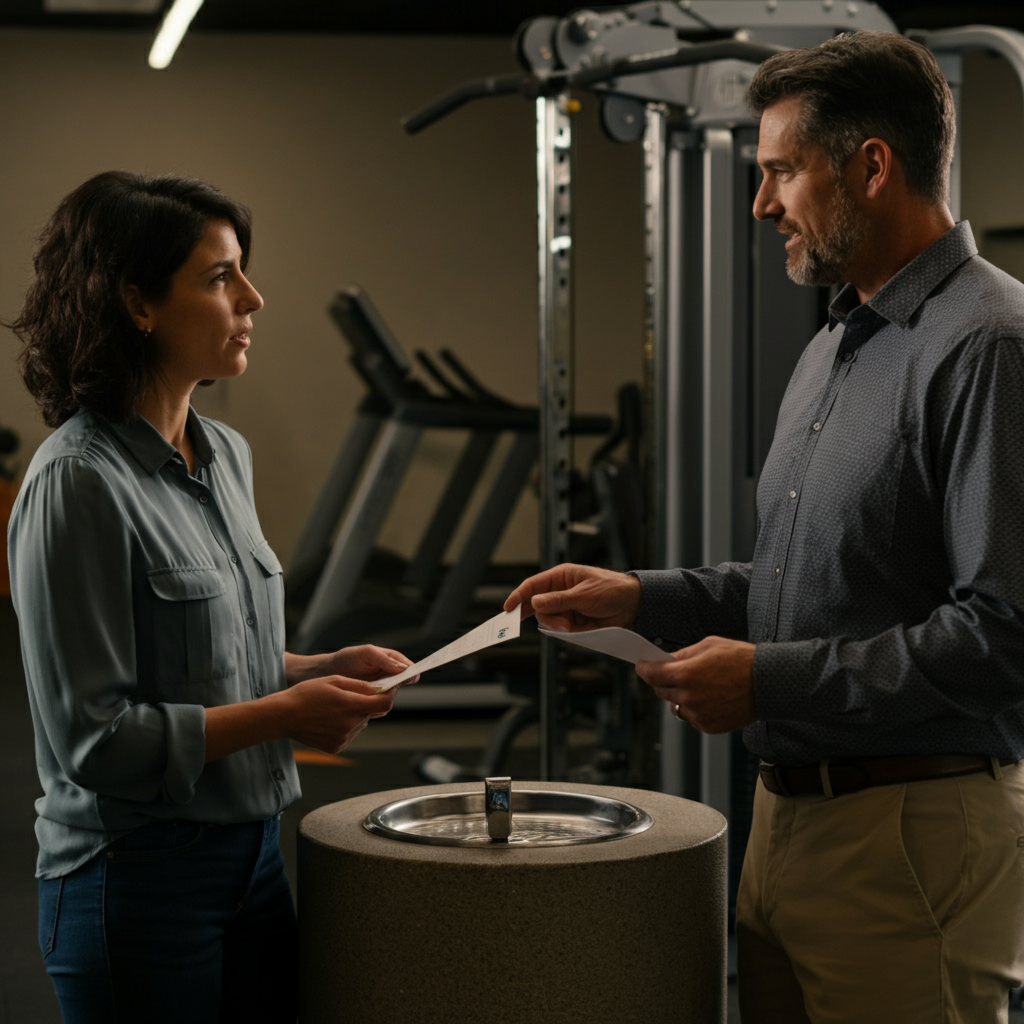 Two adults talking casually near a water fountain inside the YMCA. One is handing the other a printed referral form. Side-lit textures highlight the details of the water fountain and the gym equipment in the background.