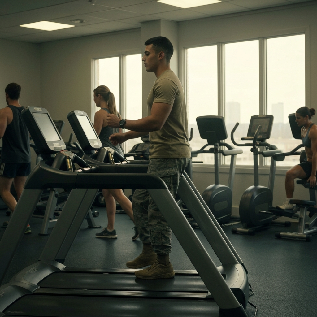 A young man in military uniform working out on a treadmill at the YMCA gym. Natural light streams through the windows. Other gym-goers are present, engaged in their own workouts.