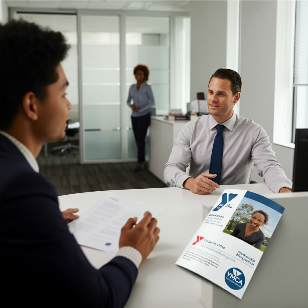 A brightly lit office setting. An employee is talking with a HR representative about benefits, with a brochure about the YMCA corporate membership program on the desk.