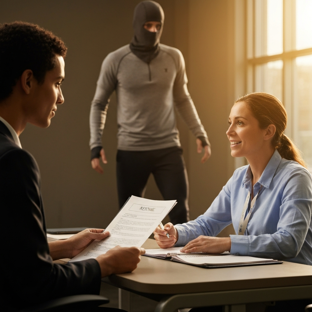 A person wearing professional attire and holding a resume is speaking with a YMCA staff member at a desk. The atmosphere is supportive and encouraging.