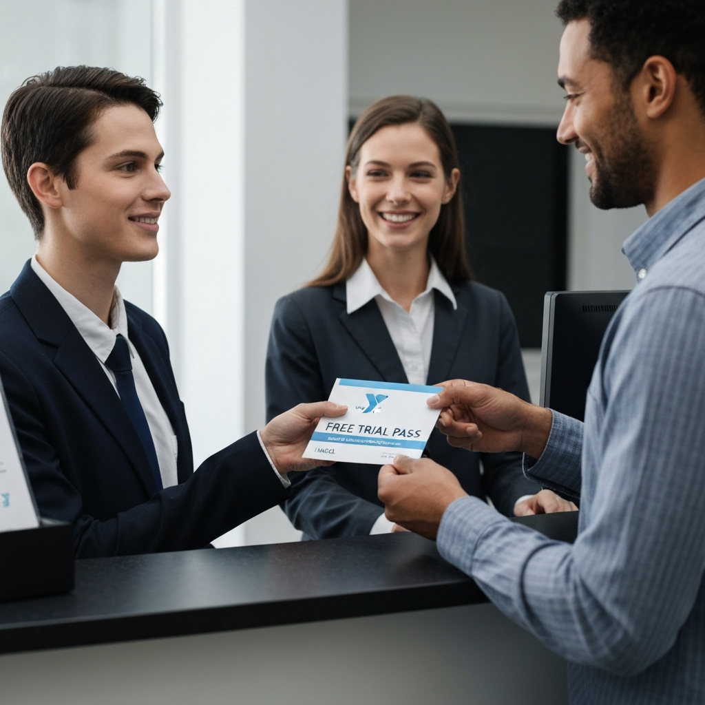 A person using a free trial pass to check into the YMCA at the reception desk. The staff member is smiling and handing them a welcome packet.