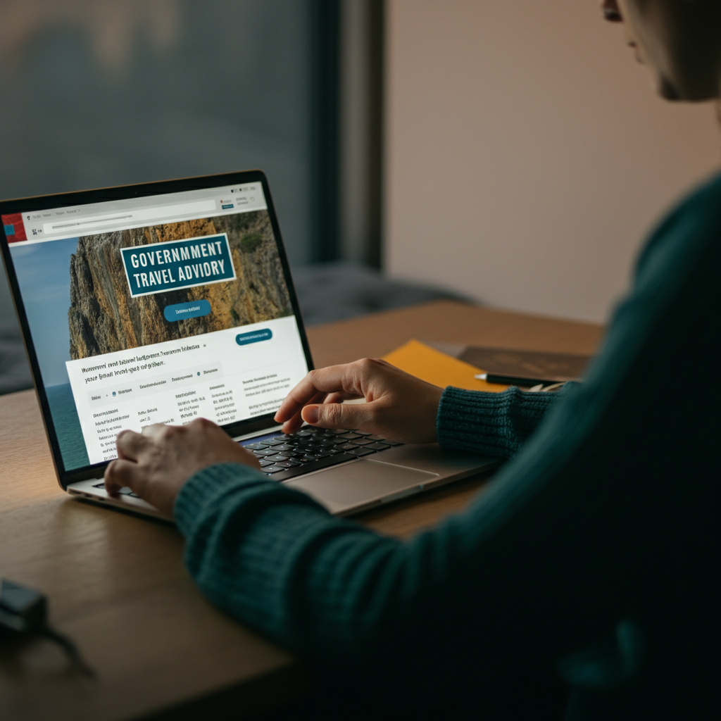A brightly lit office with a person using a laptop, looking at a government travel advisory website. Soft lighting from a nearby window illuminates the screen.