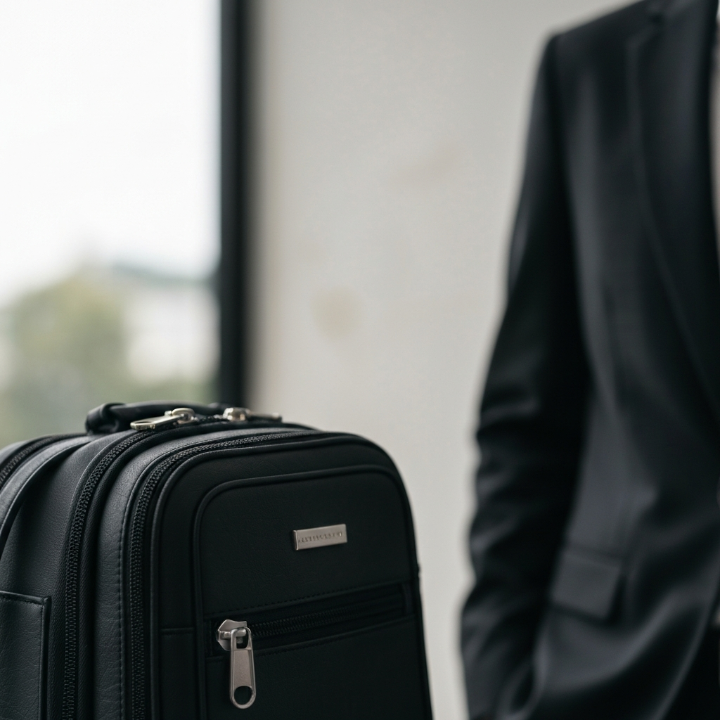 A close-up of a stylish anti-theft travel bag, showcasing its discreet design and secure zippers. Soft bokeh in the background.