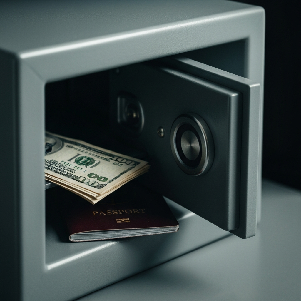 A close-up of a hotel safe, partially open, revealing a small stack of cash and a passport inside. Soft, diffused light.