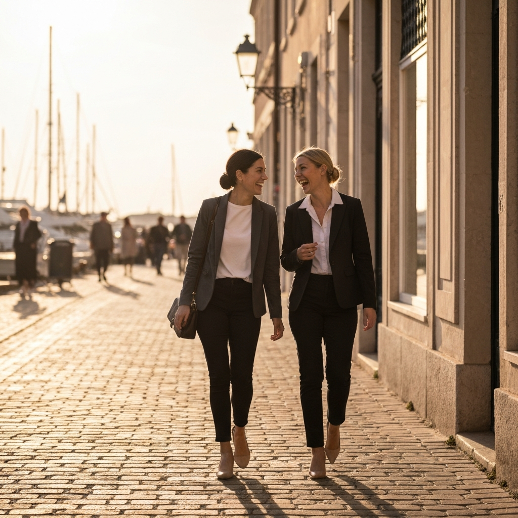 Two women walking along a cobblestone street in a European port city, laughing and looking at shop displays. Golden hour lighting.