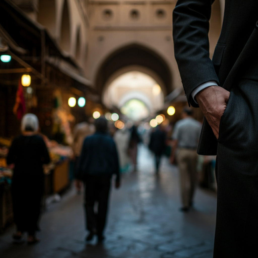 A crowded marketplace scene, with blurred figures and vibrant colors. A hand subtly reaching into a pocket in the foreground is slightly out of focus.