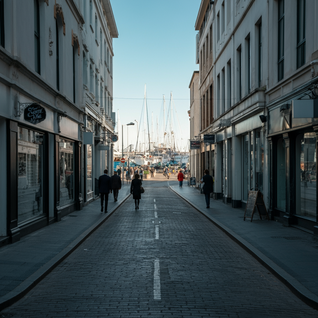 A wide, bustling street in a port city with people walking, cars driving, and shops open. Sunny daylight.