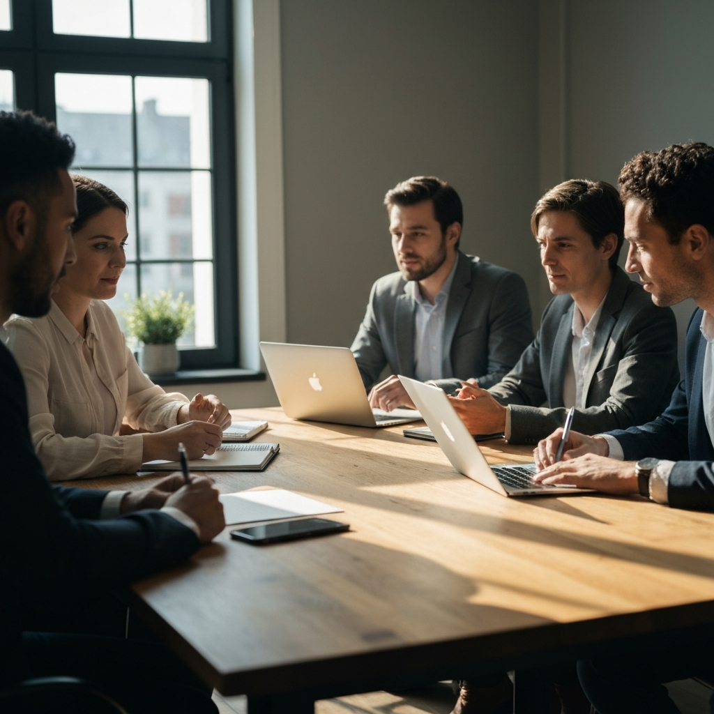 A diverse group of professionals sits around a conference table, engaged in a lively discussion. Soft, natural light streams through the window, highlighting the textures of the wooden table and the participants' focused expressions.