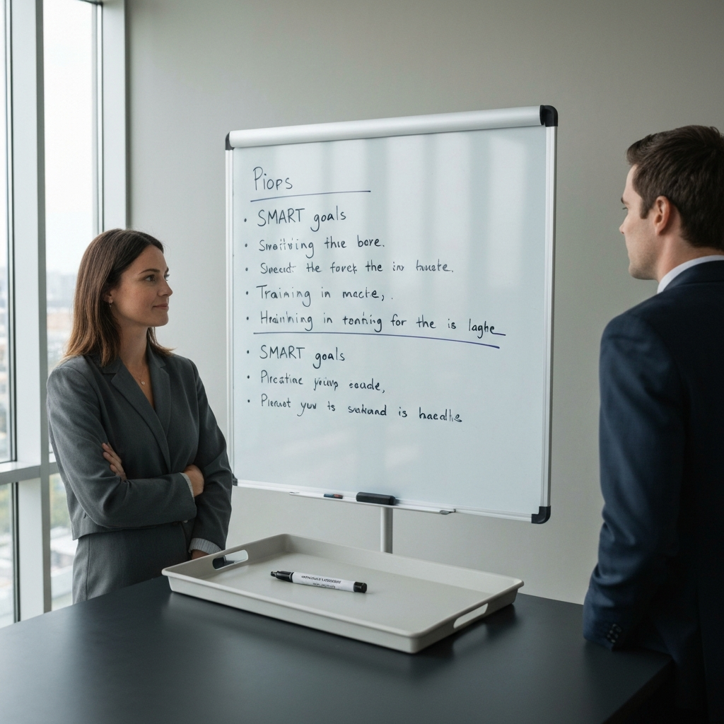 A whiteboard in a brightly lit office displays a list of neatly written bullet points outlining SMART goals for a training session. A marker rests on the tray.