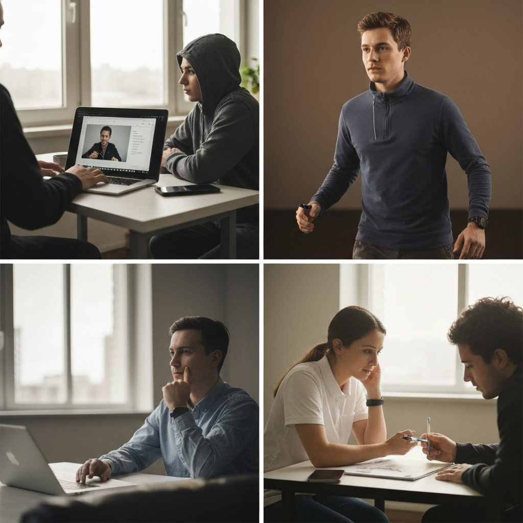 A split-screen shows three different learning activities: a person watching a video on a laptop, a person listening attentively to a speaker, and a pair of people engaged in a role-playing scenario. The lighting is even and professional.