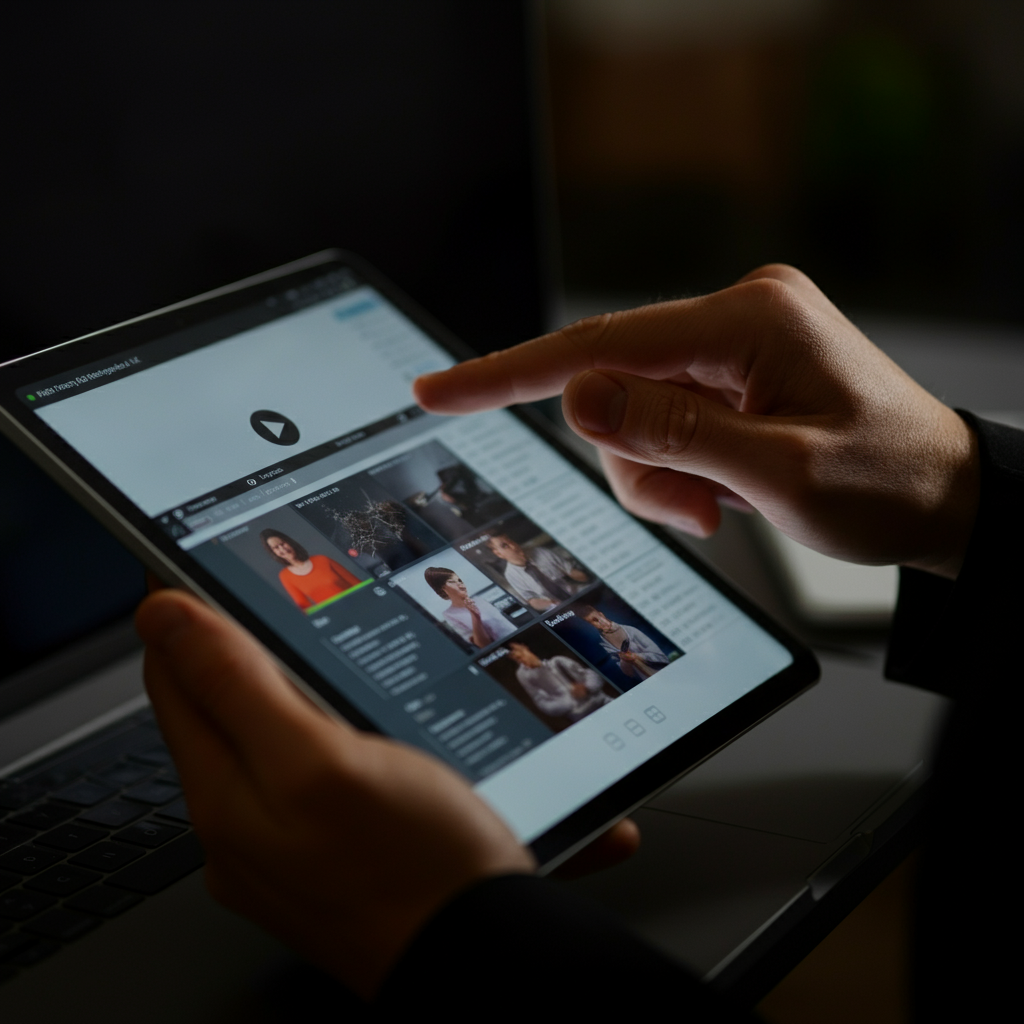 A close-up shot of a hand selecting a video clip from a library of training materials on a tablet. The tablet screen is bright and crisp, showcasing the video thumbnails.