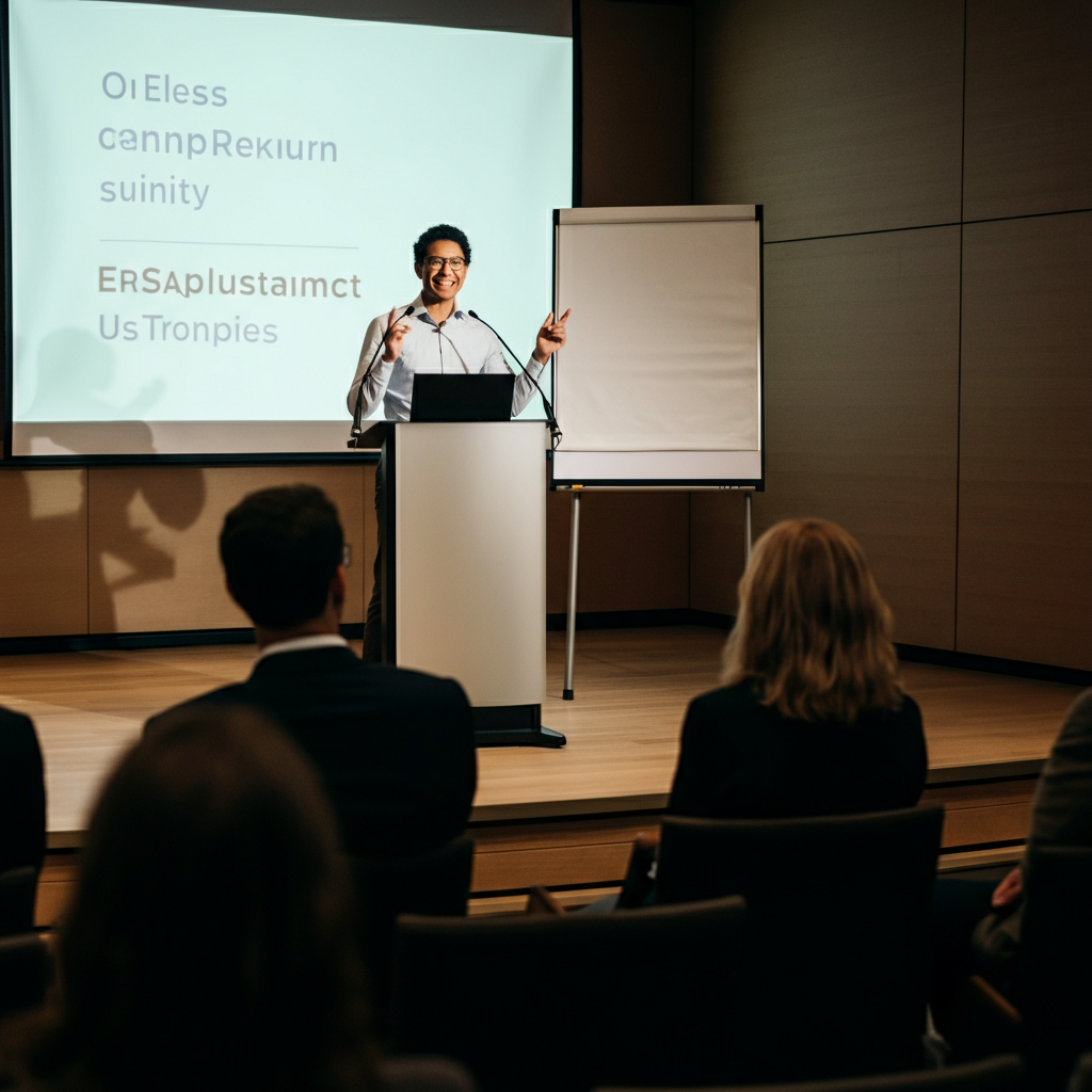 A person stands behind a podium, giving a presentation to a small audience. They are smiling and gesturing enthusiastically. The room is well-lit and professional.