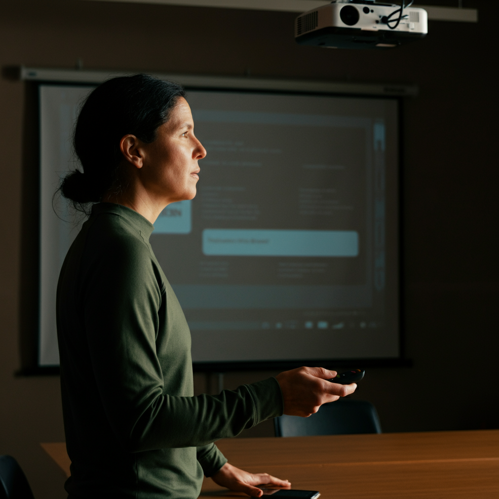 A person stands in an empty conference room, practicing their presentation. They are using a remote to advance slides on a projector screen. The lighting is natural and soft.