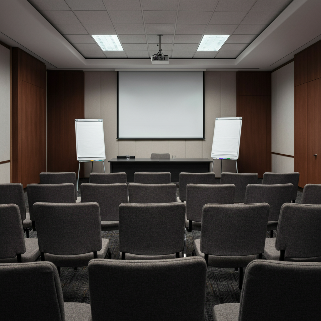 An empty, well-lit training room with comfortable chairs, a large screen, and a whiteboard. The room is clean and organized.