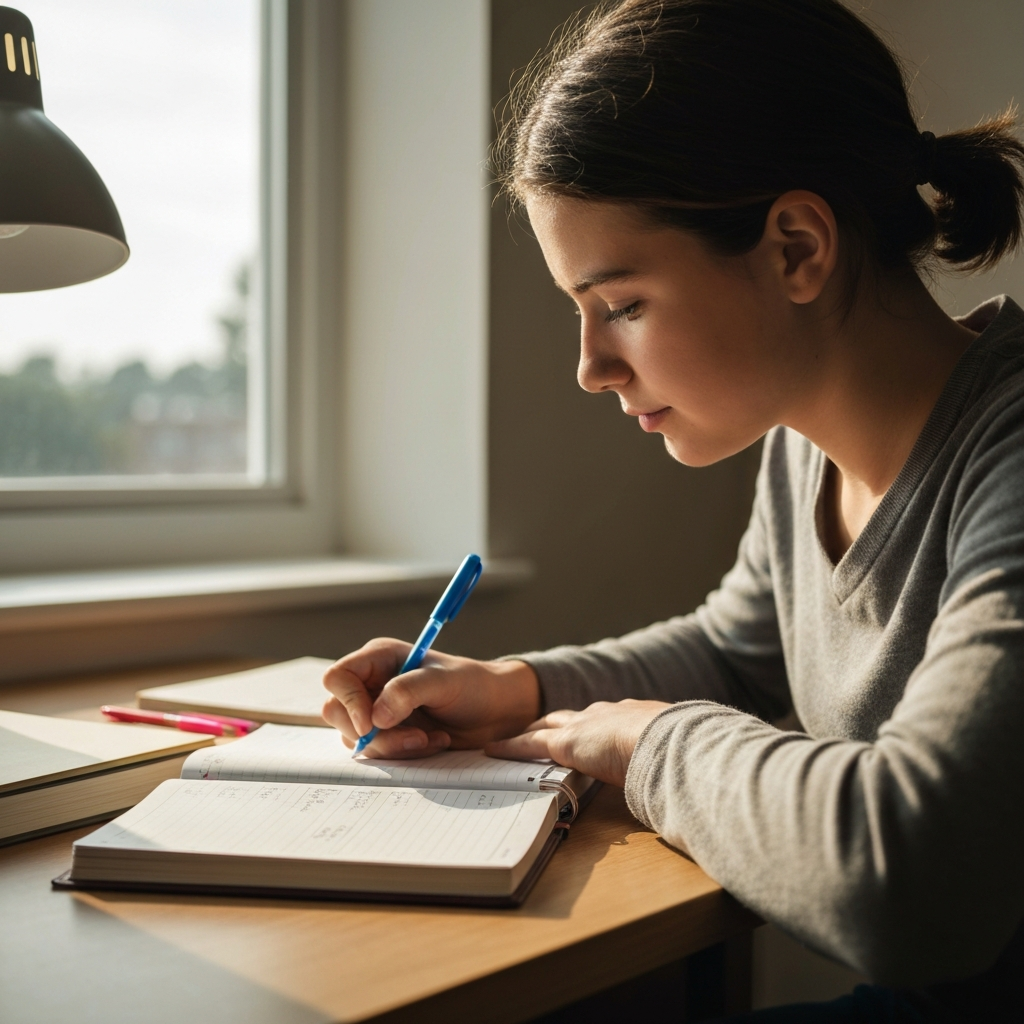 A teenager sitting at a desk in a sun-drenched room, meticulously filling out a planner with colorful pens. The planner lies open, revealing a neatly organized weekly schedule. Soft bokeh from the window creates a peaceful ambiance.