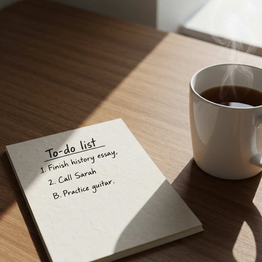 Close-up shot of a handwritten to-do list on a notepad, resting on a wooden desk next to a steaming mug of tea. The list includes items like "Finish history essay," "Call Sarah," and "Practice guitar." Natural light illuminates the textured paper.