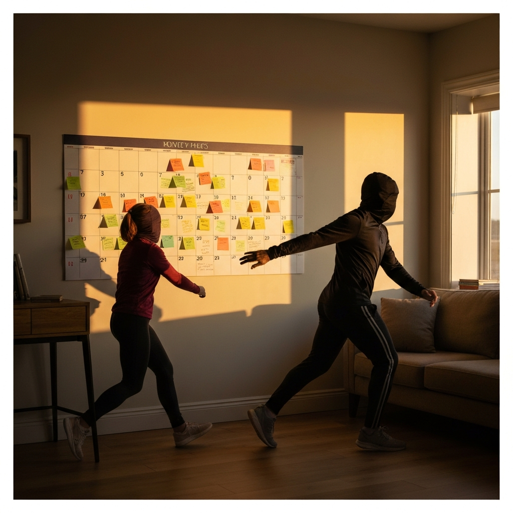 A wide shot of a stylishly decorated room with a large wall calendar prominently displayed. The calendar is filled with colorful notes and reminders. The room is bathed in warm, golden-hour light, creating a sense of calm and organization.