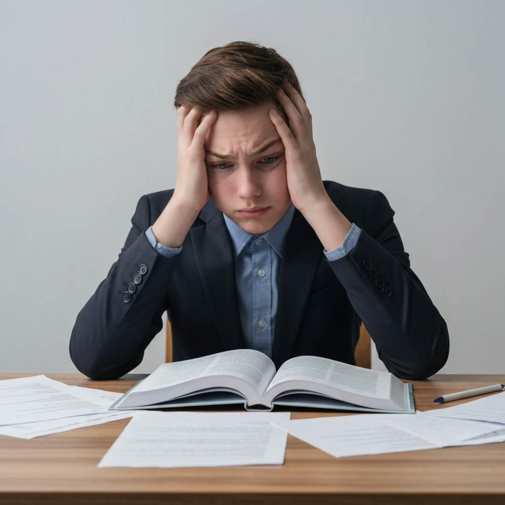A teenager sitting at a desk, looking frustrated and overwhelmed. Papers are scattered around, and a textbook lies open but unread. Soft, diffused light highlights the texture of the desk and the teenager's worried expression.