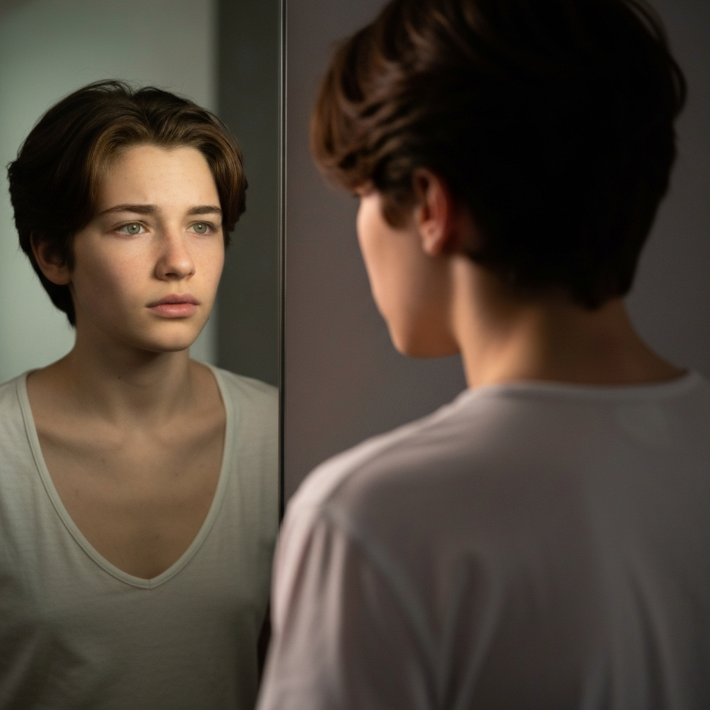 A teenager standing in front of a mirror, looking at their reflection with a mix of curiosity and uncertainty. Soft lighting emphasizes the textures of their skin and hair, creating a sense of vulnerability and self-discovery.
