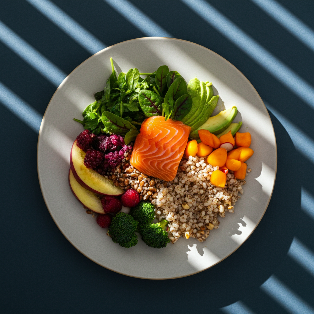 A close-up shot of a colorful and healthy meal, including fruits, vegetables, whole grains, and lean protein. The food is arranged artfully on a plate, and natural light highlights the vibrant colors and textures.
