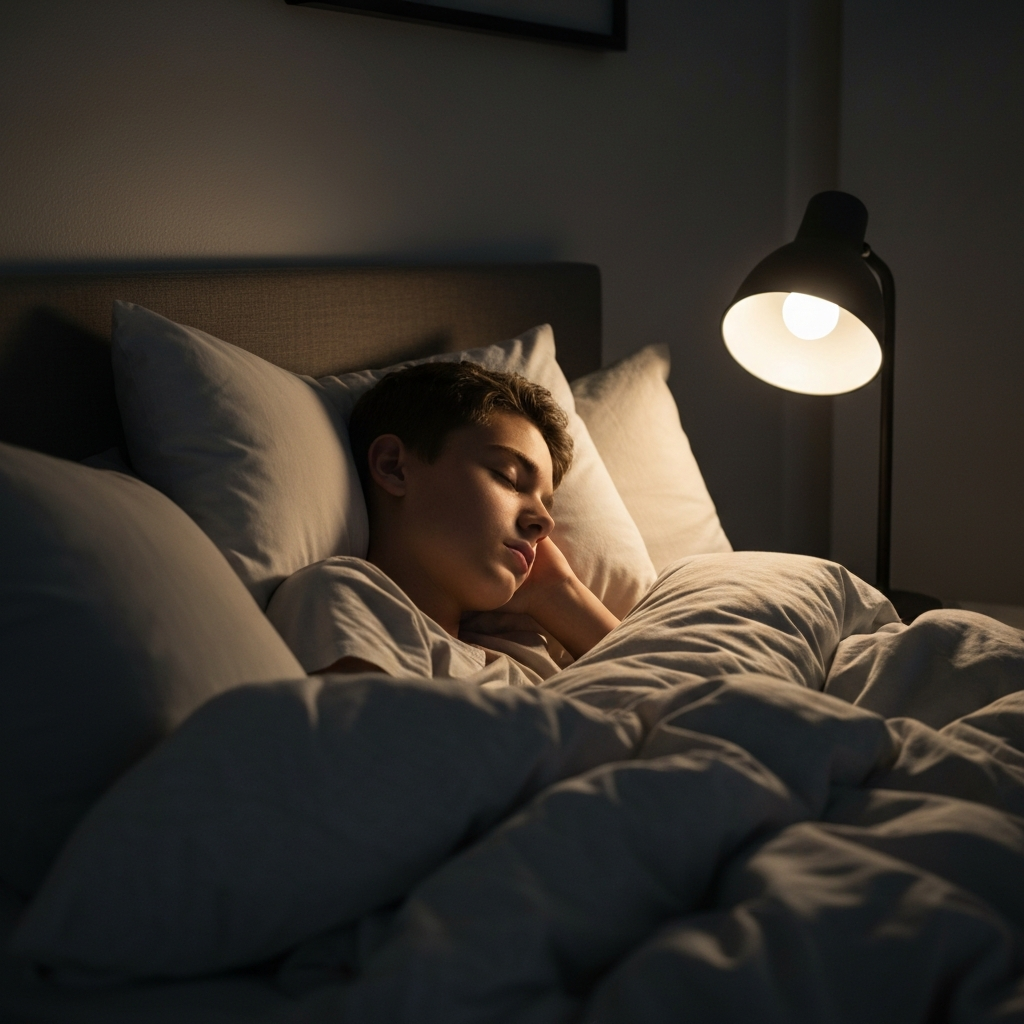 A teenager sleeping peacefully in a dimly lit room. The room is cozy and inviting, with soft blankets and pillows. A gentle light from a bedside lamp casts a warm glow on the teenager's face.