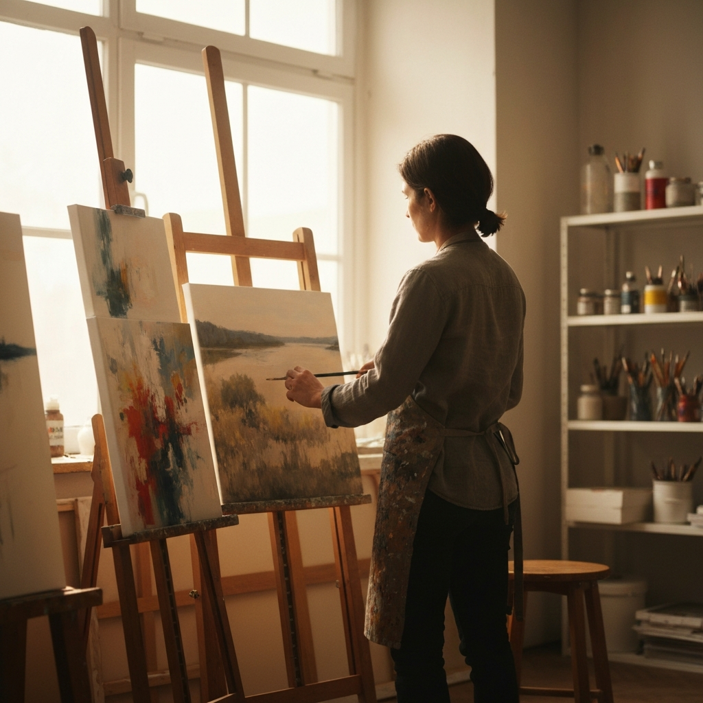 A warmly lit art studio. A person stands before an easel with multiple unfinished canvases, each in a different style – one abstract, one a landscape, one a portrait. Soft natural light from a large window illuminates the canvases. The person wears a comfortable, paint-splattered apron. Soft bokeh in the background shows shelves filled with art supplies.