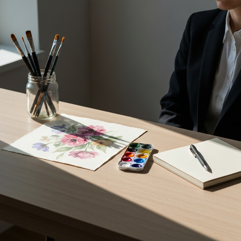 A close-up shot of a tidy desk surface. A half-finished watercolour painting of flowers sits next to a small palette of paints and a collection of brushes in a jar. A single ray of sunlight highlights the textured paper of the painting. A notebook and pen are also neatly placed on the desk.