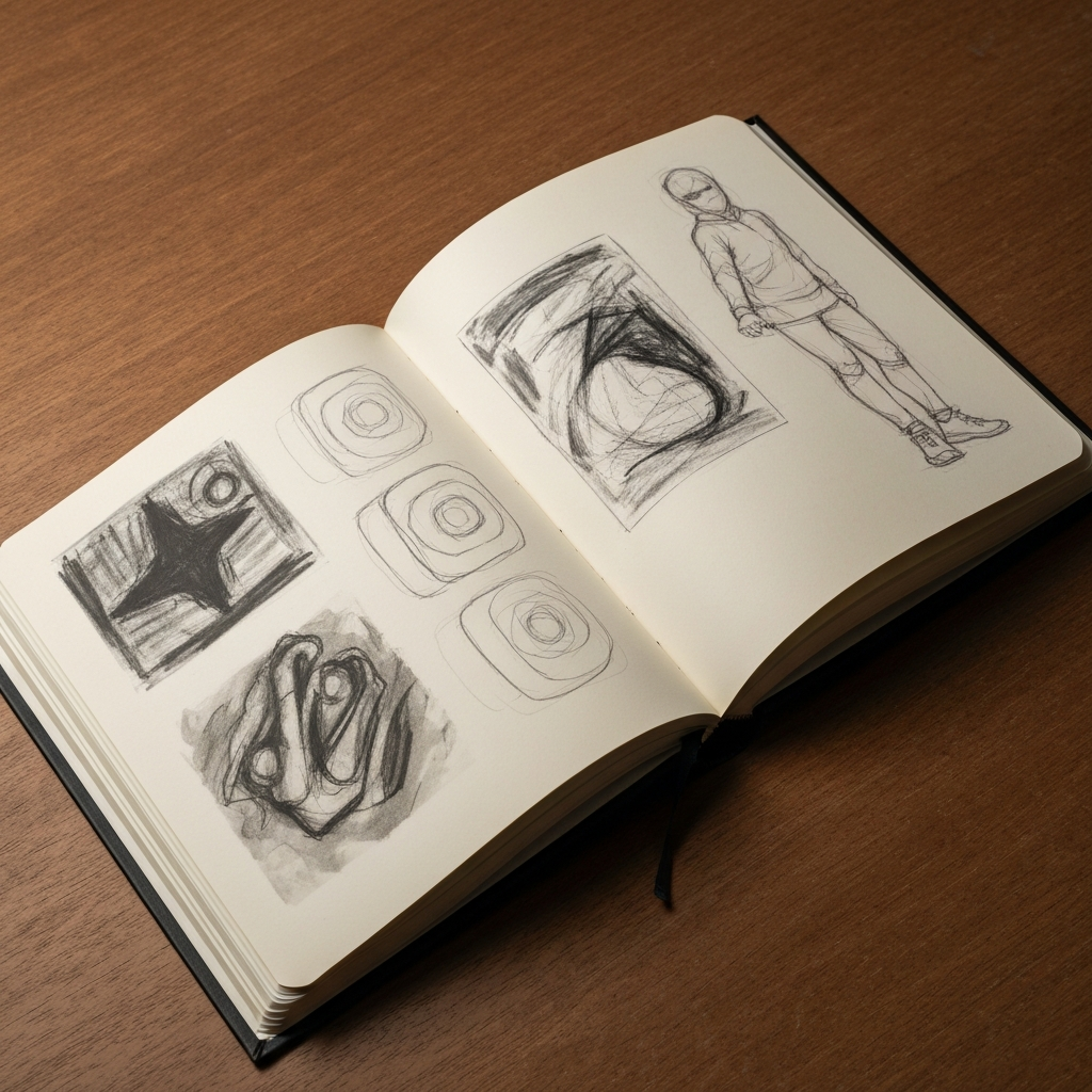 An open sketchbook filled with various sketches and doodles. There are charcoal drawings, pencil sketches, and abstract shapes. Some pages are smudged, others are pristine. The sketchbook lies open on a wooden table, side-lit to enhance the paper texture.