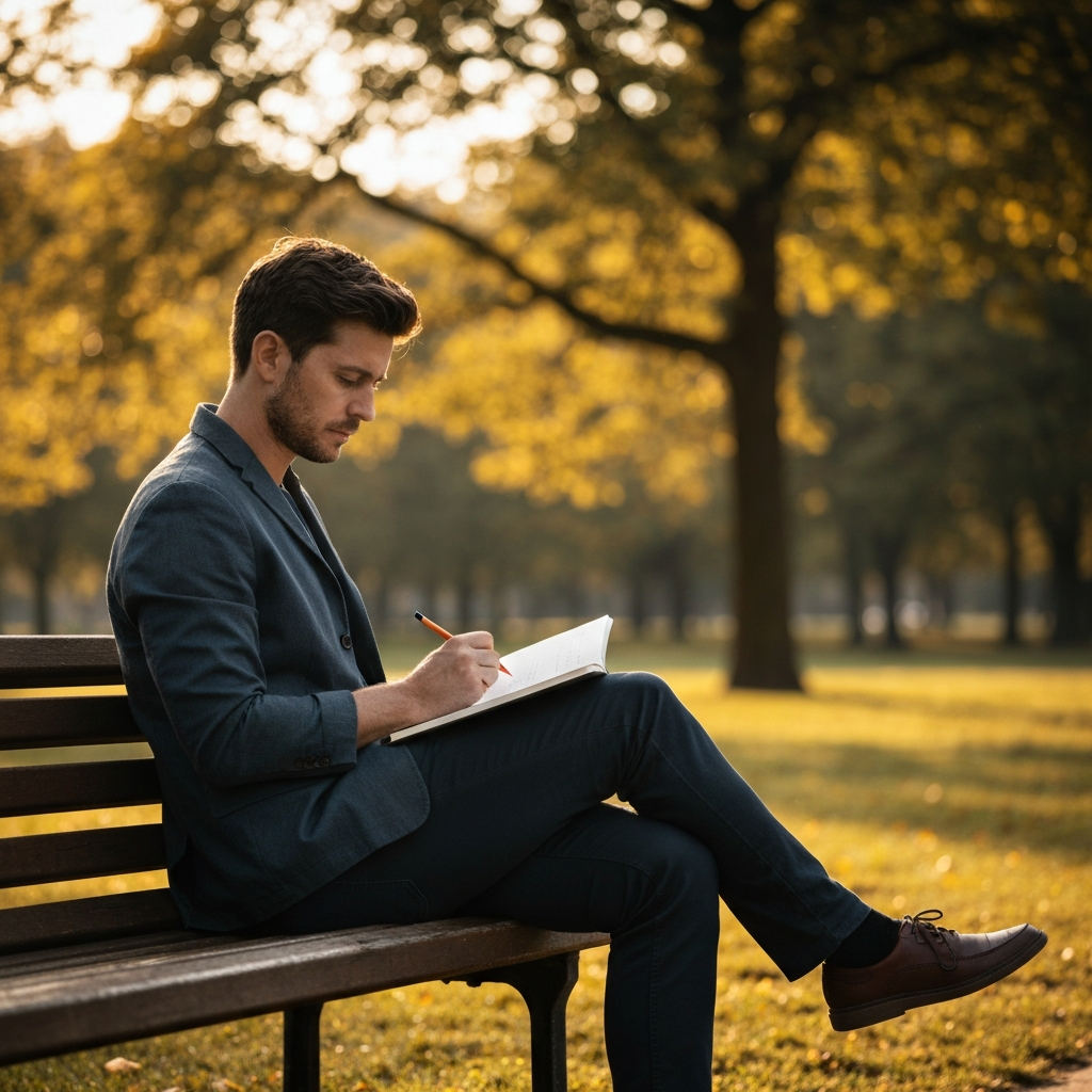 A person sits on a bench in a park, sketching in a notebook. The person is casually dressed and absorbed in their work. In the background, trees are bathed in golden hour lighting, creating a soft, warm atmosphere. 