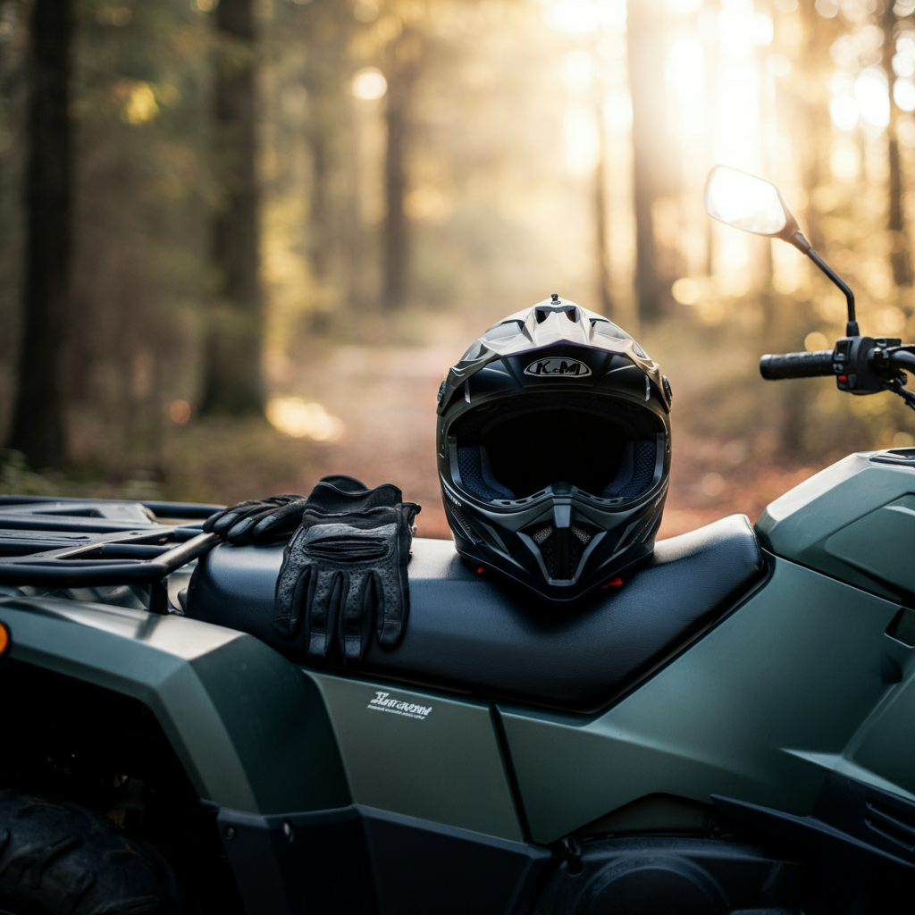 A close-up shot of a helmet resting on the seat of an ATV, with gloves neatly placed beside it. Soft bokeh in the background shows a sunlit forest trail.