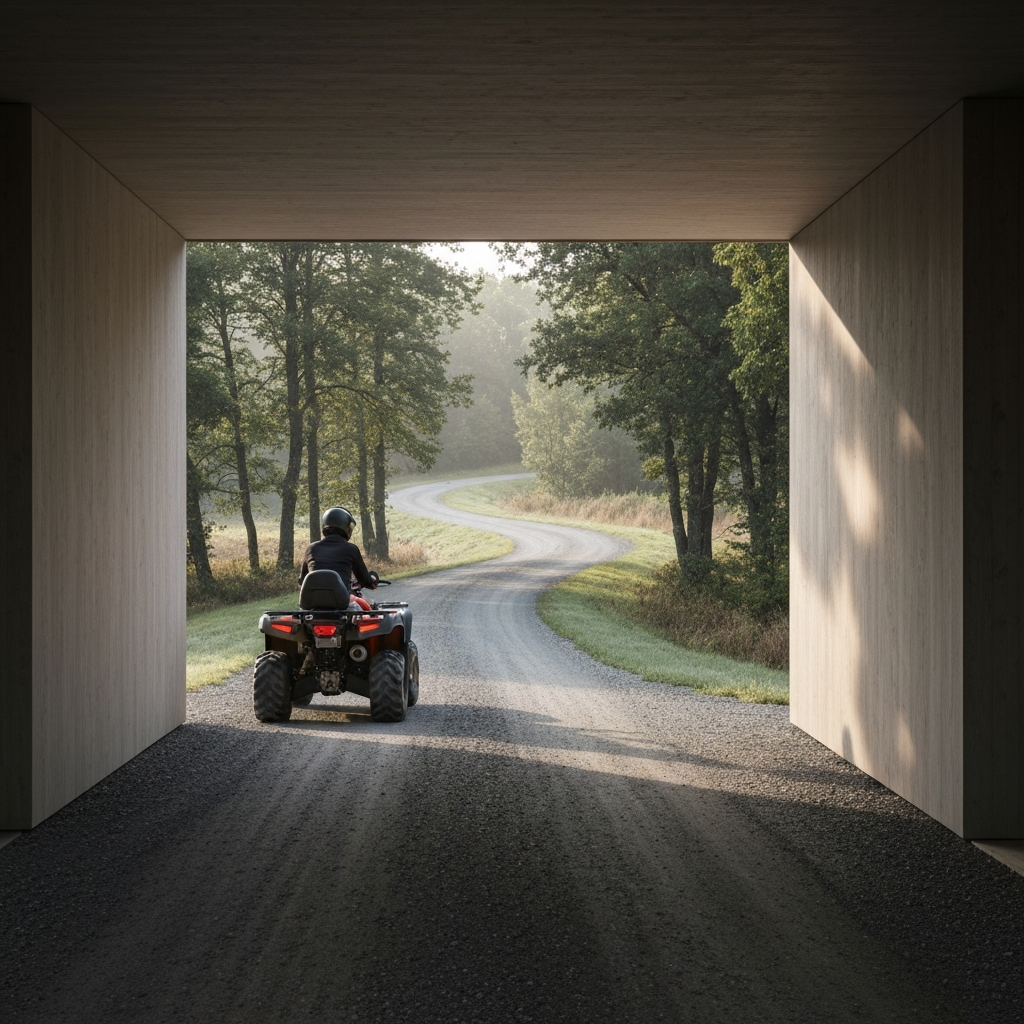 A wide shot of an ATV on a gravel road with soft morning light. The road curves gently into the distance, disappearing behind a cluster of trees.