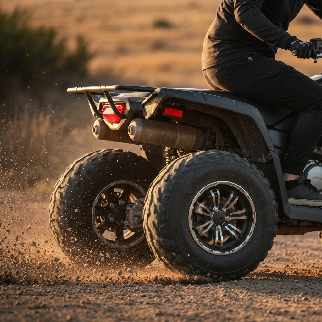 A side view of an ATV in motion, kicking up a spray of gravel. The focus is on the rear tires and the rider's hand on the throttle and brake levers.