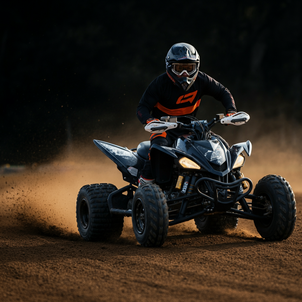A rider wearing a helmet and goggles, focused intently on controlling their ATV mid-drift. The lighting is side-lit, highlighting the textures of the dirt track.