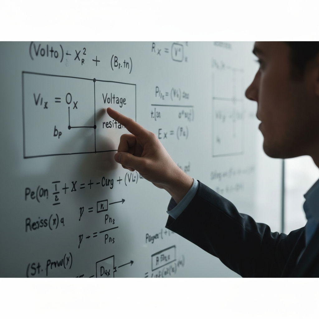 Close-up shot of a hand pointing to a whiteboard filled with circuit diagrams and equations relating voltage, current, resistance, and power. Soft, diffused light highlights the equations, creating a sense of academic precision.