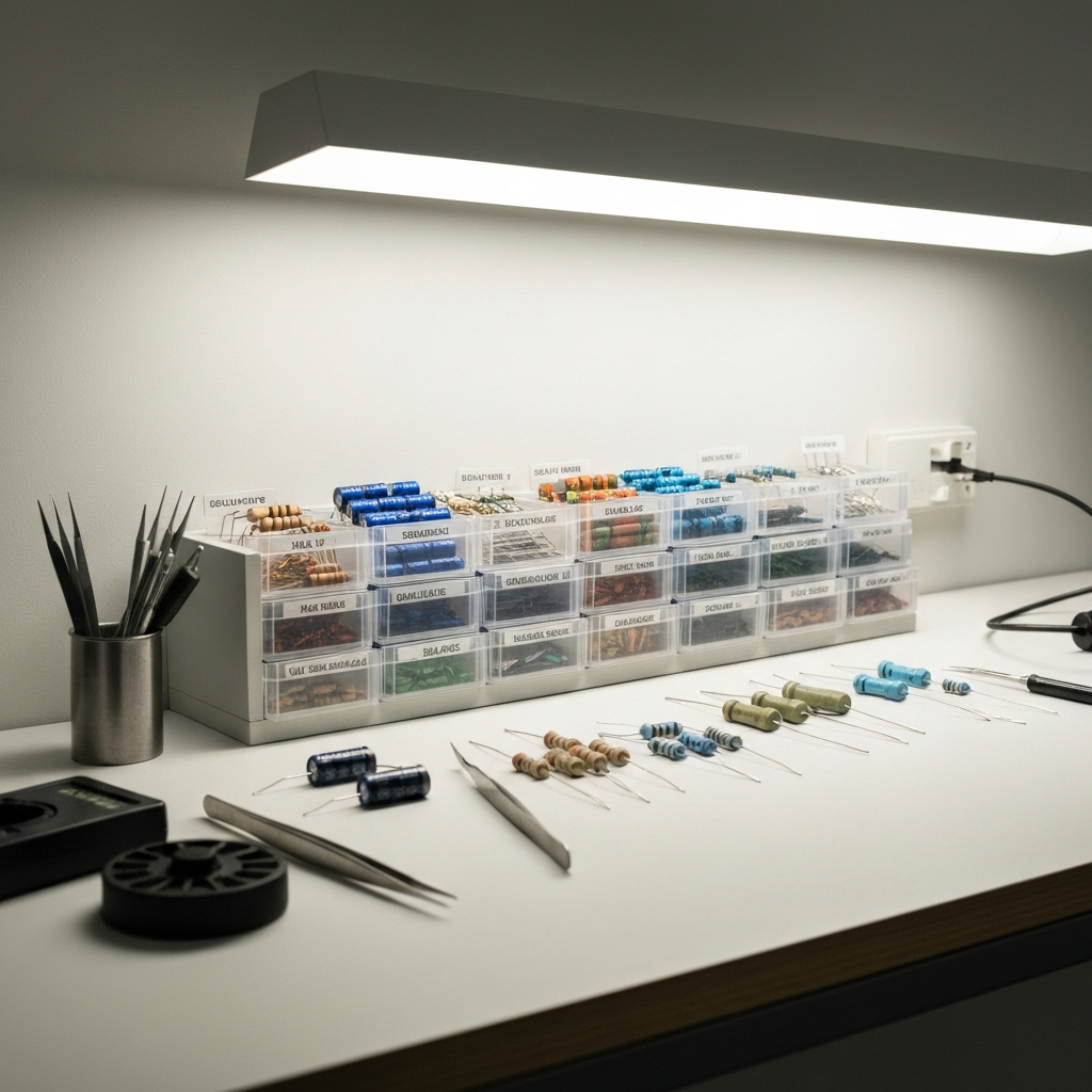 A neatly organized workbench featuring a variety of electronic components in small, labeled containers. The scene is brightly lit, showcasing the colorful bands on resistors and the metallic sheen of capacitors. Tools like tweezers and a multimeter are arranged nearby, suggesting a workspace ready for experimentation.
