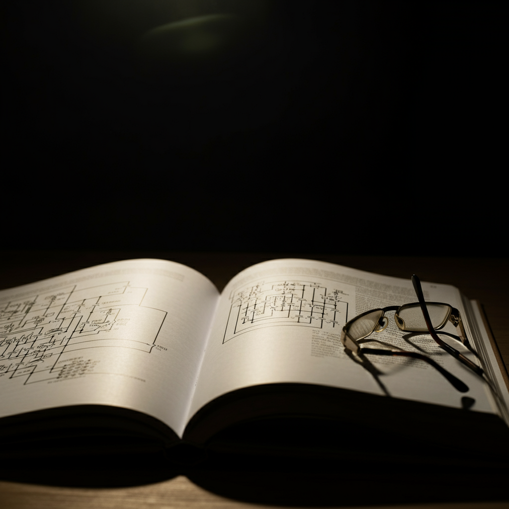 A side-lit shot of an open electronics textbook, focusing on a complex circuit diagram. The paper has a slightly textured surface, and the light catches the ink, highlighting the intricate details of the schematic. A pair of reading glasses rests on the page, implying careful study.