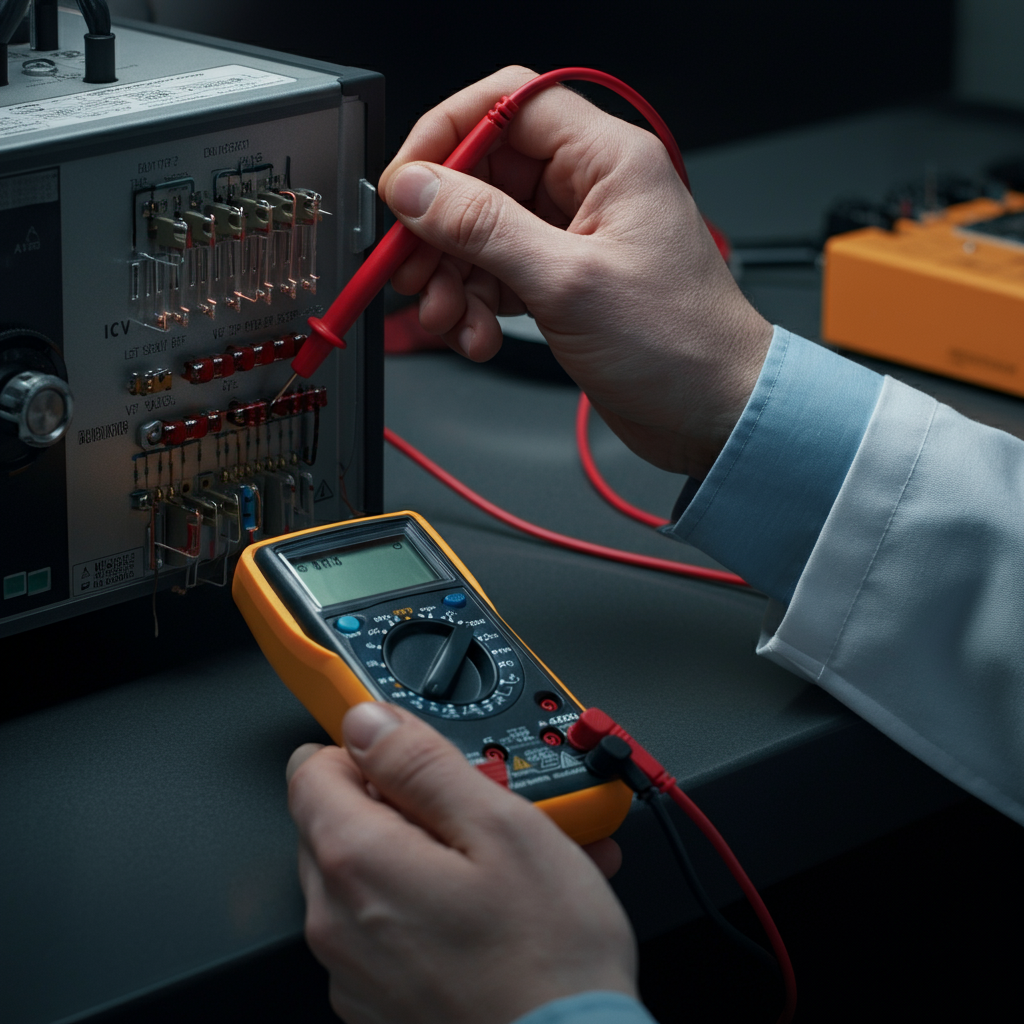 A person is carefully using a multimeter to measure the voltage across a resistor in a circuit. The multimeter display is clearly visible, showing a numerical reading. The background is slightly blurred, emphasizing the focus on the measurement process. The person is wearing a lab coat, suggesting a professional setting.