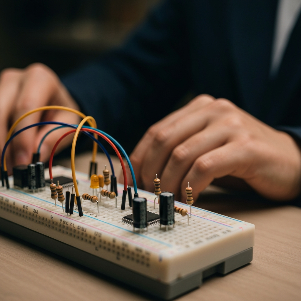 A close-up shot of a breadboard with various electronic components (resistors, LEDs, jumper wires) neatly arranged and connected. The breadboard is well-lit, showcasing the different colors of the components and the clean connections. The background is out of focus, drawing attention to the circuit being built.