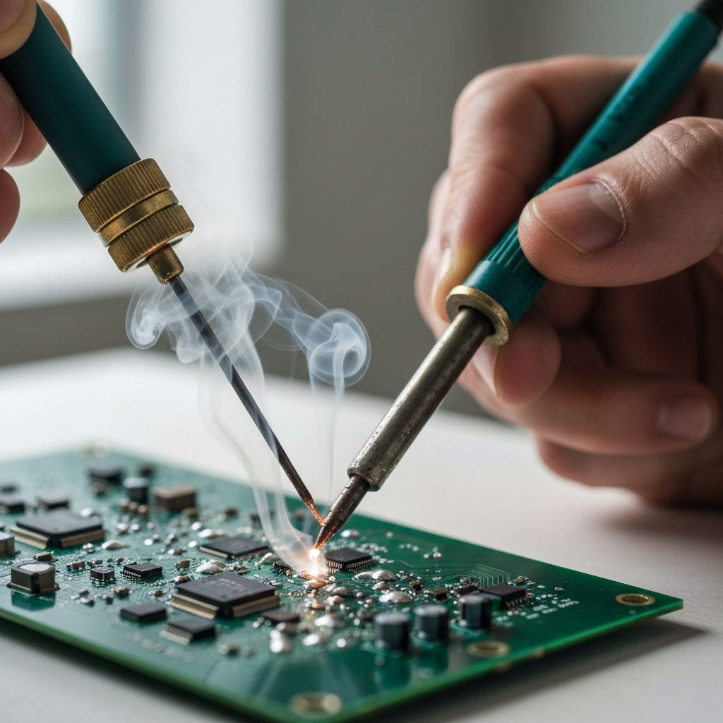 A close-up shot of a soldering iron tip carefully applying solder to a circuit board. The solder is melting and flowing around the components. Smoke is gently rising from the soldering area. The person doing the soldering is wearing safety glasses.
