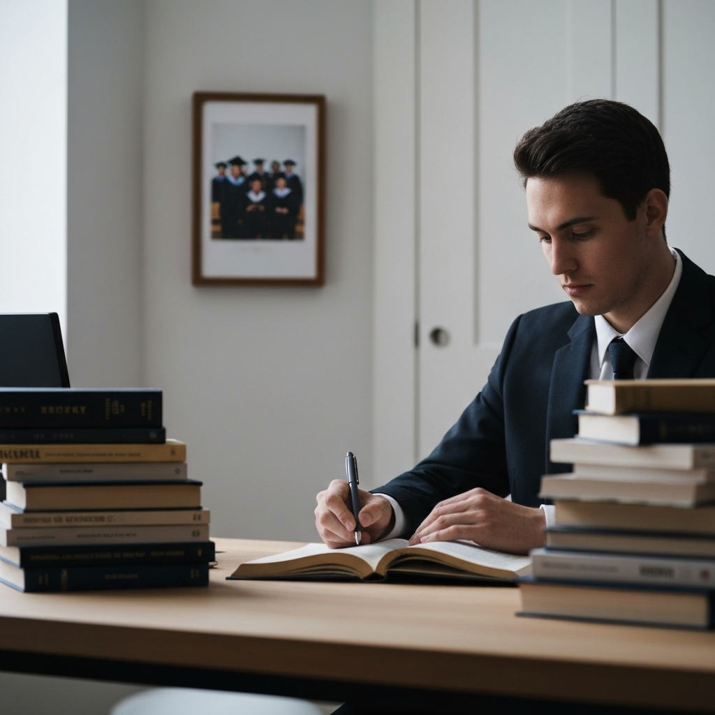 An individual sitting at a desk, surrounded by books, with a focused expression. A framed photo of a graduation ceremony is visible in soft bokeh in the background.