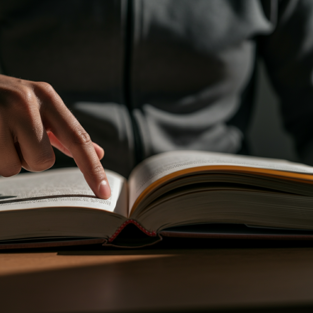 A textbook open on a desk, with fingers pointing at a table of contents. The scene is lit with warm, inviting light, highlighting the textures of the paper.