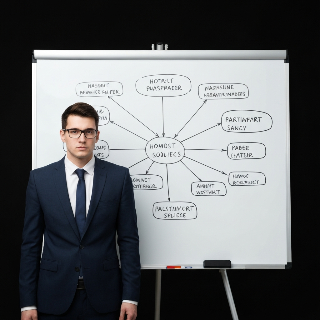 A whiteboard with a mind map drawn on it, showing a central subject branching out into smaller, interconnected topics. The lighting is even and bright, emphasizing the clarity of the diagram.